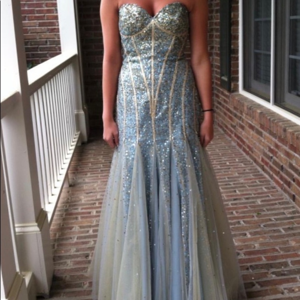 Jovani Blue and Gold Prom Dress